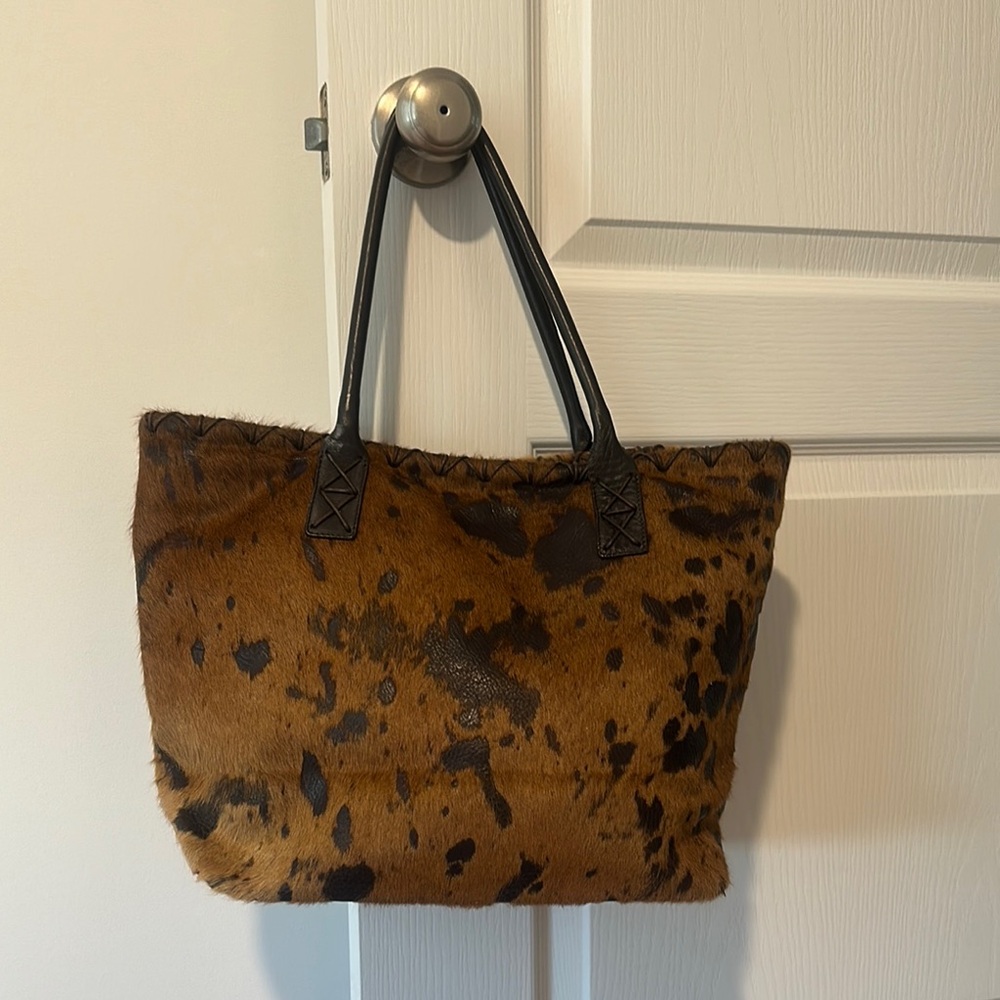 Brown and Dark Brown Animal Print Tote Bag with Leather Handles